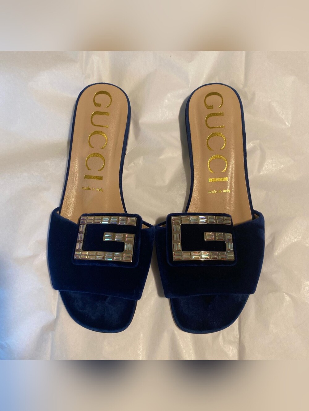 Gucci Madelyn Cobalt Blue Velvet Crystal G Slide Sandals Size 39 EUR US 9